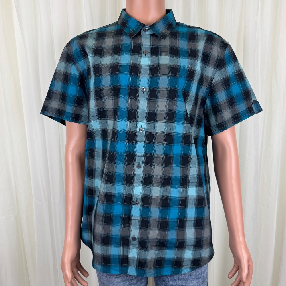 Men's Calvin Klein Short Sleeves Plaid Button Up Shirt Blue Size XL
